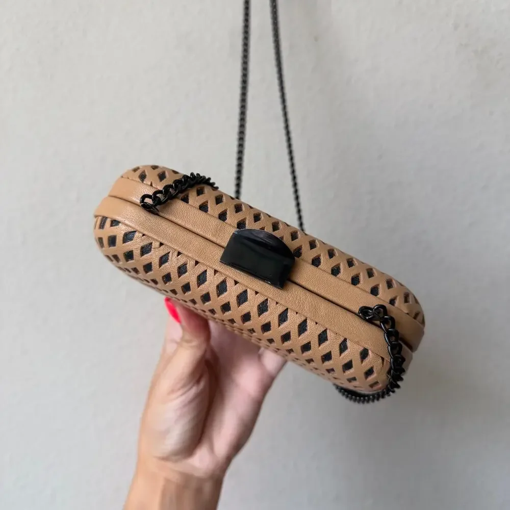 Loeffler Randall Laser Cut Leather Minaudière Clutch in Camel Black